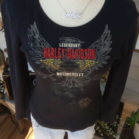 HARLEY-DAVIDSON ♡ Black Long Sleeve Red 'n Gold Embellished Legendary H-D Top S - Picture 9 of 17